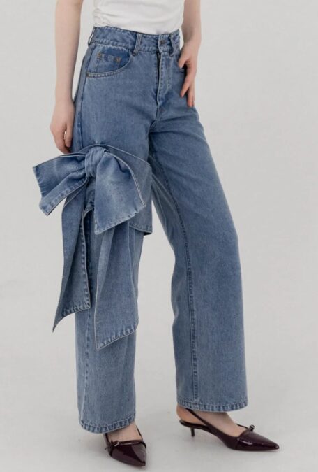Asymmetric ribbon denim pants